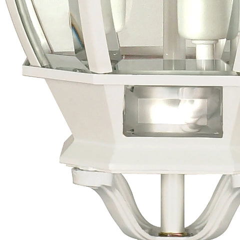 Close-up of Three Light Outdoor Hanging Lantern In White Finish With Clear Beveled Glass 20 Inch Die Cast Aluminum Fixture
