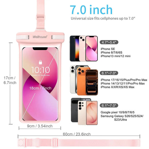 Image showing 3D Waterproof Phone Pouch With Lanyard, Ultra Clear TPU Case for iPhone and Samsung Galaxy, with measurements and phones compatibility.