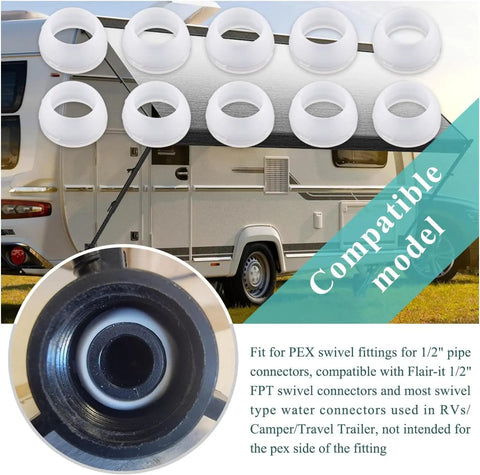Plastic Santoprene Swivel Seal Kit Easy Install Half Inch PEX For RV Water Lines Includes 10 Gasket Cones Fits PEX Fittings And Swivel Connectors Replacement Washer For RV Plumbing, white seals with RV use