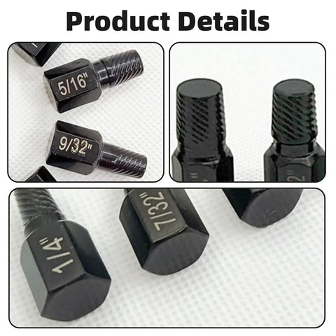 Close-up of 10 Piece Screw Extractor Set For Damaged And Stripped Screws Bolts Alloy Steel Heavy Duty Construction.