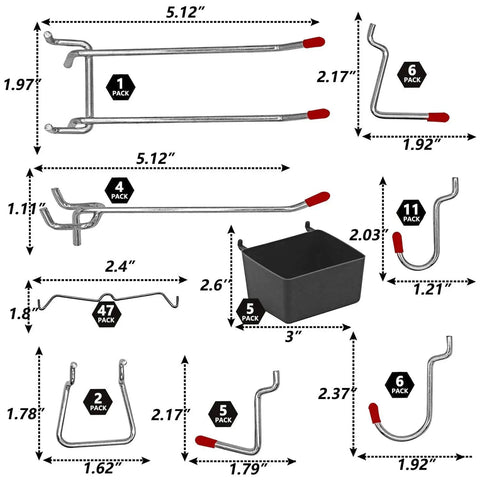 114 Piece Pegboard Hook Set With Metal Hooks Bins And Locks For Garage Organization Fits Standard One Eighth And One Quarter Inch Pegboards With One Inch Spacing displayed with different hook types and sizes.