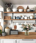 Kitchen with floating wood shelves supported by Heavy Duty Black Metal L Bracket Set For 8 Inch Shelves Dope Wall Braces with decor.
