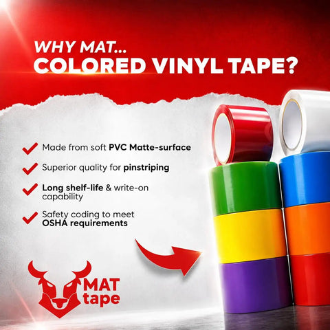 Top Shelf Yellow Vinyl Marking Tape 4 Inch By 36 Feet Heavy Duty Safety Floor Tape For Warehouses And Gyms displayed in colorful rolls.