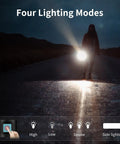 Person on dark road with solar powered 1500 lumen flashlight showcasing four lighting modes, outdoor use visible.
