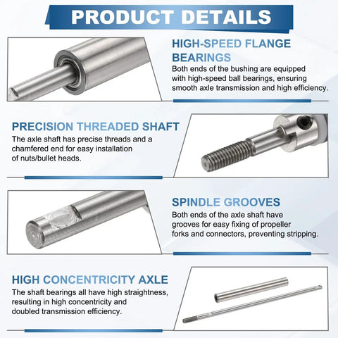 Drive Shaft Kit With Two Propellers And Coupling Joint For RC Boat DIY Assembly showing high-speed bearings and threaded shaft