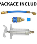 Oil And Dye Injector Kit For Car HVAC AC Compressors, 30ml Hand Push Manual Injector components and connectors visible