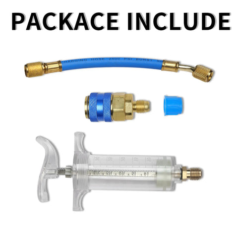 Oil And Dye Injector Kit For Car HVAC AC Compressors, 30ml Hand Push Manual Injector components and connectors visible