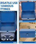 Classic Vintage Blue Metal Toolbox And Portable Tool Organizer For Auto Repair Job Site Storage Home Fix Ups Heavy Duty Rolling Gear Rack With Badass Grip Latches open with interior view on car seat.
