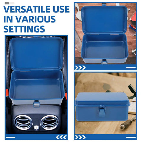Classic Vintage Blue Metal Toolbox And Portable Tool Organizer For Auto Repair Job Site Storage Home Fix Ups Heavy Duty Rolling Gear Rack With Badass Grip Latches open with interior view on car seat.