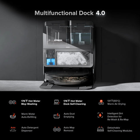 roborock Saros 10R robot vacuum and mop with black 4.0 multifunctional dock and water tanks