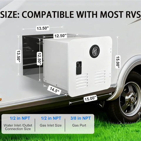 Size diagram for Straight Up Hot Water Instant Tankless Water Heater 12V DC with dimensions for RV installation.