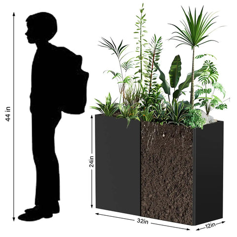 Massive Galvanized Steel Planter Box With Removable Insert Shelf And Four Drainage Holes Weather Resistant 32 Inches Long By 12 Inches Wide By 24 Inches Tall For Indoor And Outdoor Patio Porch Decor Black next to human silhouette for scale, filled with plants.