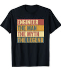 Black Funny Engineer T Shirt featuring 'The Man The Myth The Legend', vintage style for makers and techies, classic fit.
