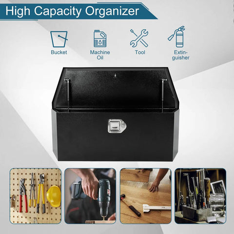 Heavy Duty 35 Inch Black Powder Coated Steel Truck Tool Box With Waterproof Drip Lid And Secure Lock For Pickup Rides with tools organized.