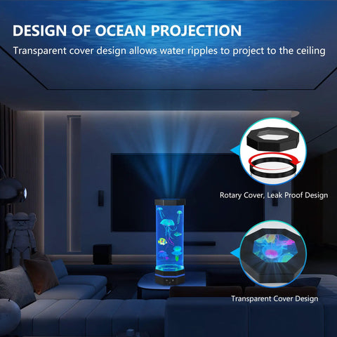 Large Jellyfish Lava Lamp With Water Ripple Projection And 17 Color Changing LEDs in living room with rotary cover design