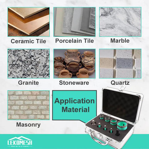 Pro Grade Diamond Core Drill Bit Set 9 Piece with case and application on porcelain, tile, marble, stoneware, and masonry materials.