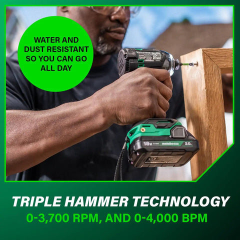 Person using 18V MultiVolt Triple Hammer Impact Driver Kit With Case, 2 Lithium Batteries And Charger, fastening wood