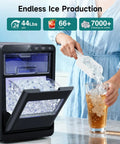 Professional Heavy Duty Countertop Nugget Ice Maker cranks out soft chewable pebble ice fast into a glass.