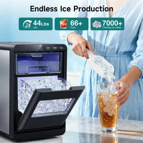Professional Heavy Duty Countertop Nugget Ice Maker cranks out soft chewable pebble ice fast into a glass.