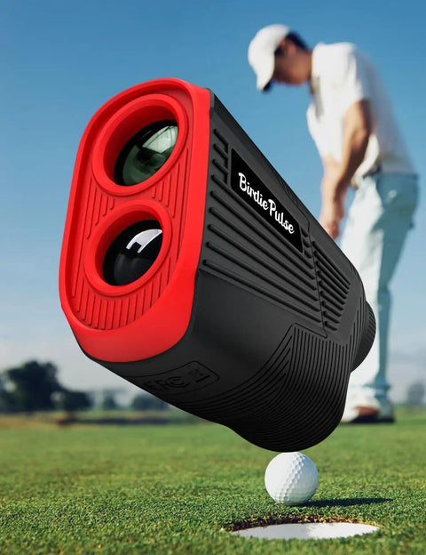 Pro Grade Golf Rangefinder With Slope And Magnetic Mount, 1300 Yard Range, in black, on golf course next to ball on green
