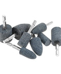 Eight Piece Pro Grade Aluminum Oxide Mounted Grinding Stones Set with one quarter inch hex shank, cone and cylindrical shapes