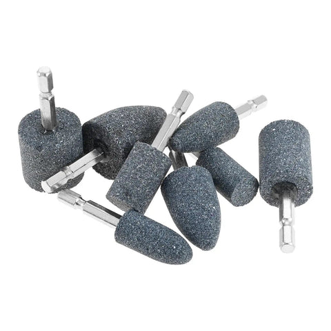 Eight Piece Pro Grade Aluminum Oxide Mounted Grinding Stones Set with one quarter inch hex shank, cone and cylindrical shapes