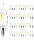 48 E12 Candelabra LED Bulbs 40W Equivalent, CA10 Flame Tip, 2700K Soft White, 300 Lumens, Dimmable, Clear Glass, displayed in rows