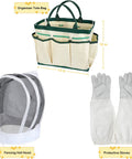 All-In-One Beekeeping Starter Kit With 30 Must-Have Tools For Hive Checks, Honey Harvesting, Queen Tagging, Uncapping And Comb Reinforcement, Plus Protective Veil And Gloves, featuring tote bag, veil hood, and gloves.