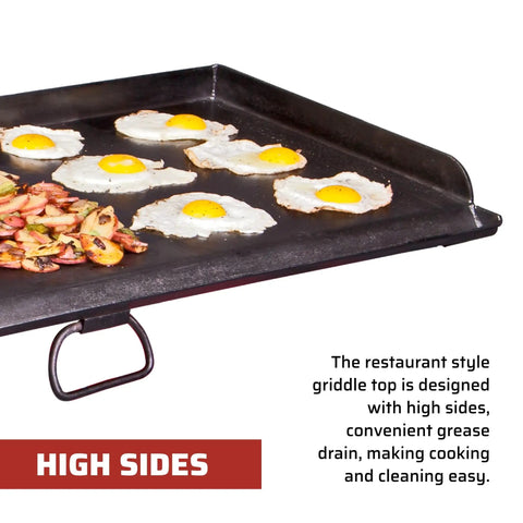 Professional Fry Griddle for Large Cookouts 3 Burner Steel Griddle with High Sides and Grease Drain cooking eggs and vegetables