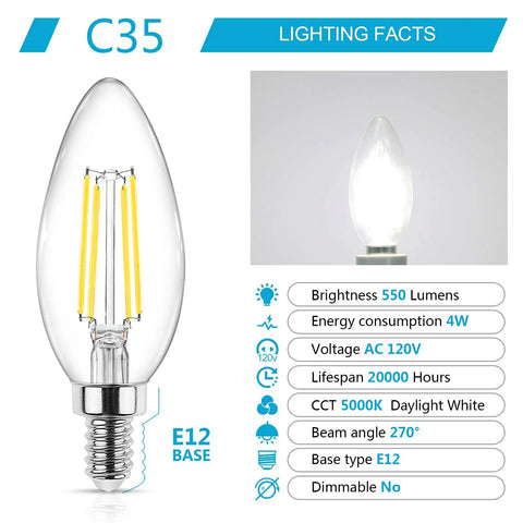 60W Equivalent LED Filament Candelabra Bulbs E12, Daylight White 5000K, 550 Lumens, Clear Glass, Non Dimmable, energy facts