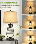 Industrial Touch Table Lamps With USB Port, 3-Way Dimming, farmhouse bedside lights, cream fabric shades, black metal bases