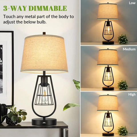 Industrial Touch Table Lamps With USB Port, 3-Way Dimming, farmhouse bedside lights, cream fabric shades, black metal bases