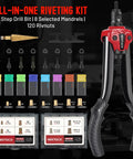 Rivet Nut Tool Bundle NT600 NT700 For DIY And Pros Go To All In One Kit with mandrels, drill bits, wrench, and rivnuts displayed.