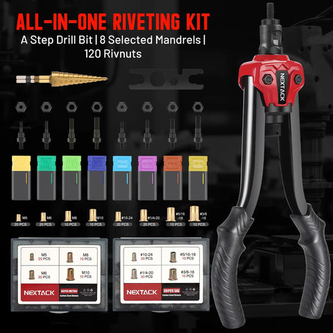 Rivet Nut Tool Bundle NT600 NT700 For DIY And Pros Go To All In One Kit with mandrels, drill bits, wrench, and rivnuts displayed.