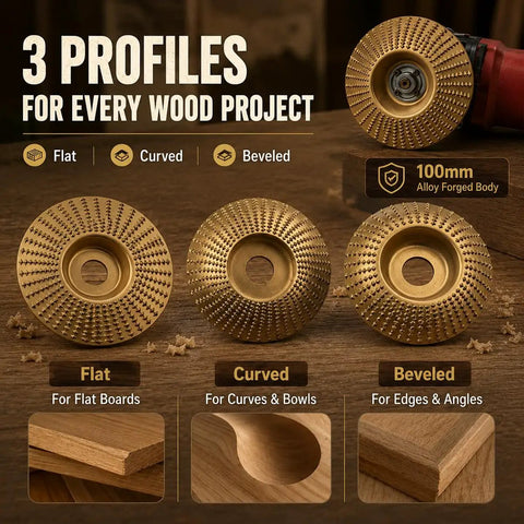 Three Piece Angle Grinder Polishing Pad Kit with flat, beveled, curved discs; durable carbon steel for wood sanding and finishing.