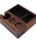 Wooden Coffee Tamping Stand Station 4 In 1 Tamper Holder With 1.5L Stainless Steel Slag Box showcasing tamper slots.