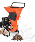3 In 1 Wood Chipper Shredder Mulcher For Yard Cleanup Gas Powered 7 HP 212cc with dual hoppers, cutting disc, debris bag, and mulch pile.