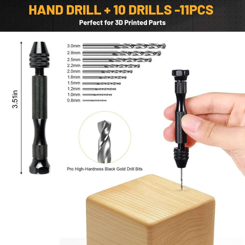 Ultimate All In One 63 Piece 3D Printing Tool Kit with hand drill and 10 drill bits for precise post-processing.
