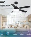 52 Inch Ceiling Fan With Lights And Remote For Bedroom Living Room Kitchen Office Indoor Outdoor Use 6 CCT Dimmable 5 Blades 6 Speed Reversible Quiet DC Motor Black Wood Grain in modern living room