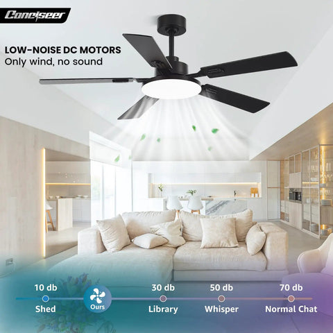 52 Inch Ceiling Fan With Lights And Remote For Bedroom Living Room Kitchen Office Indoor Outdoor Use 6 CCT Dimmable 5 Blades 6 Speed Reversible Quiet DC Motor Black Wood Grain in modern living room