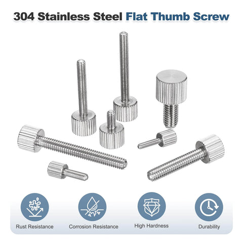 Beefy 10 Pcs M4 10mm Knurled Thumb Screws 304 Stainless Steel Flat Head Fully Threaded Thumbscrews Bolts Fasteners For Home Electronics Mechanical Projects DIY Furniture Fixes displayed with durability icons.