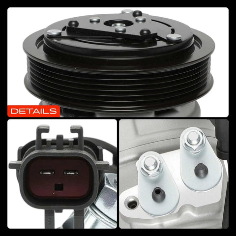 Details view of Air Conditioning Compressor With Clutch For Dodge Ram 1500 2004-2007, 6-groove pulley, and electrical connector