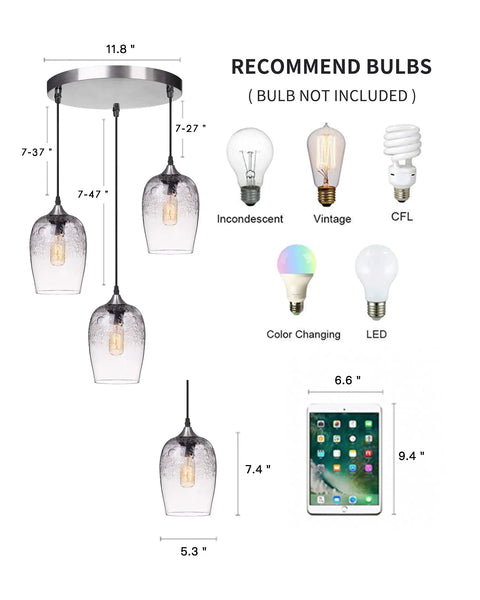 Three Light Teardrop Glass Pendant Chandelier With Hand Blown Seeded Bubbles, bulb recommendations and dimensions shown.