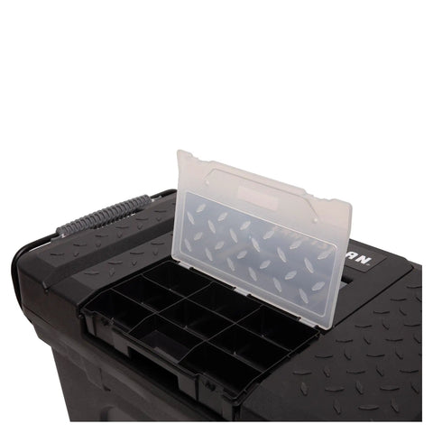 Rolling Tool Box With Wheels Lockable Latch Heavy Duty Plastic 15.2 Inch Includes Removable Organizer And Tray Extra Large Rubber Wheels
