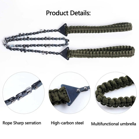 Pocket Chainsaw With Paracord Handle Folding Chain Saw For Camping Hiking Hunting Emergency Outdoor Survival Gear 24 Inch Long 11 Teeth Army Green Compact Durable All Weather Ready For Tough Outdoor Jobs Go To Tool details with green paracord handle and bidirectional serrated chain.