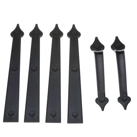 Magnetic Carriage Style Garage Door Accent Trim Hardware Kit with four 16-inch hinges and two 12-inch handles displayed.
