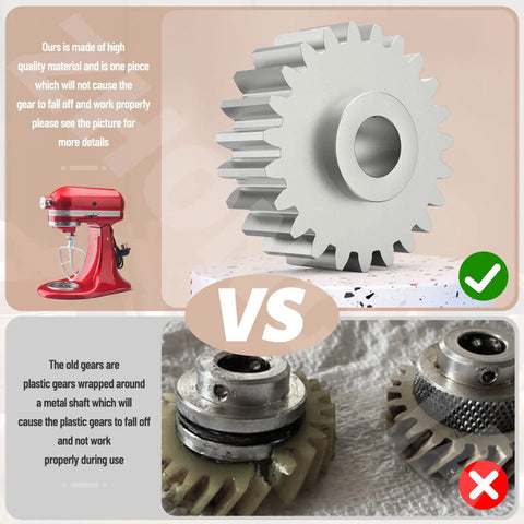 Upgraded Mixer Worm Gear Replacement Kit For Popular Stand Mixers With Durable Heavy Duty All Metal Construction No Plastic Gear WPW10112253 Compatible Includes Replacement Part Numbers 1 Pack Easy Install comparison showing metal gear versus plastic