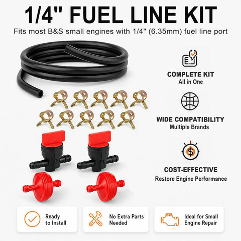 1/4 Inch Fuel Line Hose Kit With Clamps, Valve And Filters For Mowers, Tractors, AtVs, Snowblowers And Dirt Bikes, Universal Fit Rubber Tube 6.56 Ft Long To Kill That Leak And Keep Y Our Ride Smoothing Smooth.