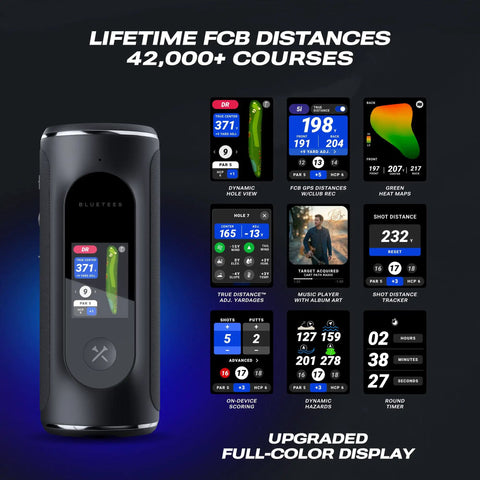 AI Powered Golf GPS Speaker With Touchscreen Yardages, Hazards And Music, 42,000+ Courses, showing features and display