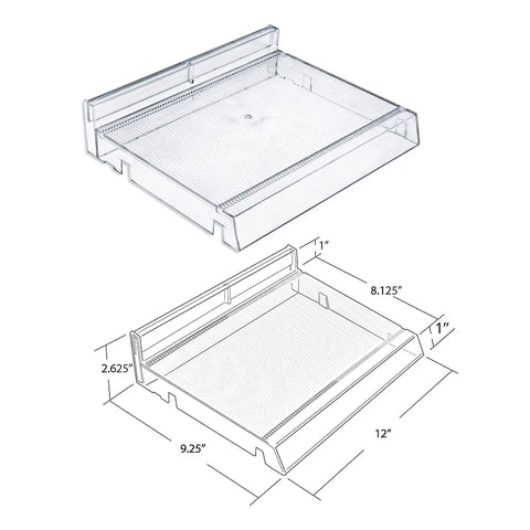 Clear 6 Compartment Cosmetic Tray Kit With Pushers, 2-Pack, Divider Bins For Makeup Organization, dimensions display